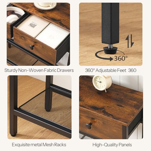 HOOBRO 29.5" Narrow Console Table with Power Outlet, Small Entryway Table with 2 Fabric Drawers, Behind Couch Table Sofa, 3-Tier Storage Shelves, for Living Room, Hallway, Rustic Brown BF72UXG01 HOOBRO