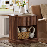 IDEALHOUSE Fluted Nightstand with Drawer, Mid Century Modern Bedside Table with Open Shelf, Brown Nightstand with Storage, Space Saving Side Table with Curved Edge Base for Living Room Bedroom IDEALHOUSE