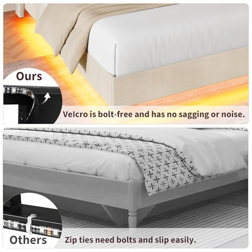 Garvee King Size Floating Bed Frame with RGB LED Lights and Charging Station, Upholstered Platform Bed with Storage Headboard and Button Tufted Design, No Box Spring Needed, Beige Garvee