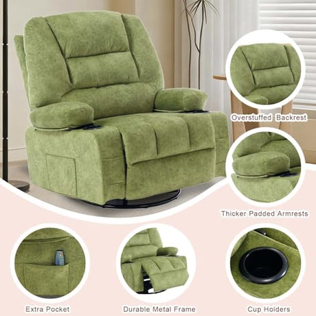 KCQ Oversized Swivel Rocker Recliner Chair with Massage Heat Cup Holders Overstuffed Fabric Reclining Glider Chairs for Nursery Manual Rocking Recliner, Green KCQ