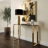 Cortesi Home Remini Narrow Contemporary Glass Console Table in Polished Gold Finish, Black Glass Cortesi Home