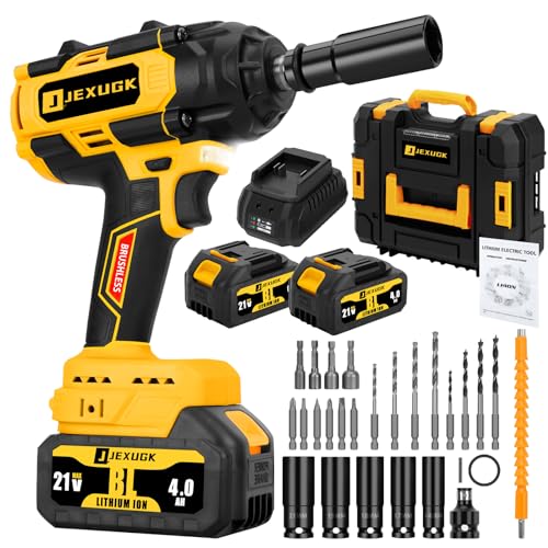 JEXUGK 850N.m Cordless Impact Wrench Set, 1/2 inch 640Ft-lbs 21V Brushless Impact Gun, Llave De Impacto w/ 2 x 4.0Ah Battery, Charger, 5 Sockets, Kit Pistola De Impacto for Car Home - WoodArtSupply