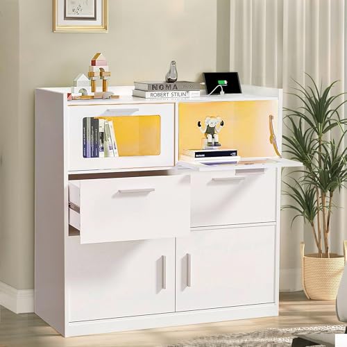 VECELO Dresser for Bedroom with Charge Station and Lights, Chest of 4 Drawers Closet with Raised Edge and Bottom Storage Cabinet, Wooden Organizer for Hallway Living Room, White VECELO