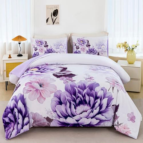 RYNGHIPY Purple Floral Comforter Set: Lightweight Soft Bedding Comforter Sets for All Season - Farmhouse Flower Bedding Set Full Size (Purple,Full Size) RYNGHIPY