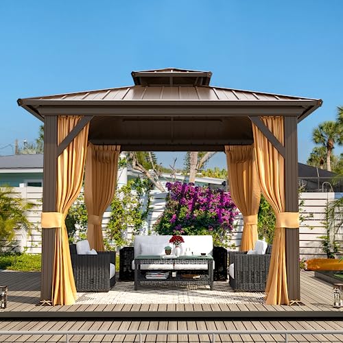 MELLCOM 10'x10' Hardtop Gazebo, Galvanized Steel Metal Double Roof Aluminum Gazebo with Curtain and Netting, Brown Permanent Pavilion Gazebo for Patio, Lawn & Garden MELLCOM