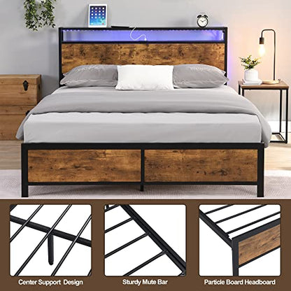 Prohon Queen Size Bed Frame with LED Lights, USB Charging Ports & Storage in Antique Brown - WoodArtSupply