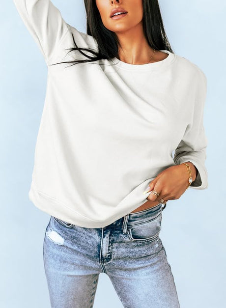 Dokotoo Women's Long Sleeve Crewneck Sweatshirt with Side Split - Loose Fit Solid Pullover Tunic in White Large Dokotoo