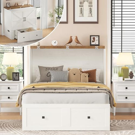 AMERLIFE Twin Murphy Bed Cabinet with Charging Station and Storage Drawer, Farmhouse Foldable Platform Bed for Home Office, Apartment, Small Spaces, Distressed White AMERLIFE