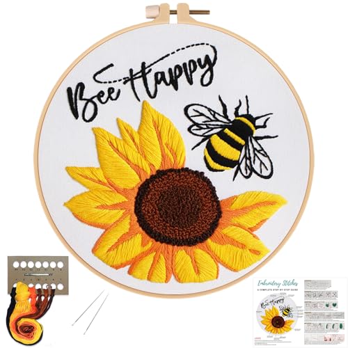 Louise Maelys Embroidery Kits for Beginners,Cross Stitch Kit for Adults,DIY Needlepoint with Bee Sunflower Pattern-Bee Happy
