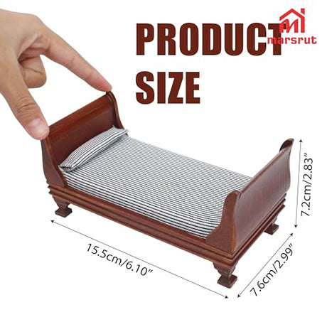 1:12 Scale Doll House Miniature Single Bed with Bedding Fabric & Pillow, Wooden Vintage Victorian European Style Bedroom Furniture Decor Christmas Accessories, Mini Sleigh Bed for 6 Inch Dolls Marsrut