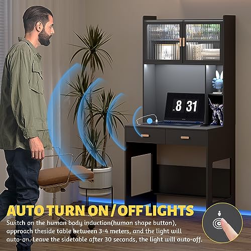 LVSOMT Home Office Desk with Hutch and Drawers, Modern Computer Gaming Desk with LED Lights & Power Outlets, Black Study Table with Storage Shelves, Teen Writing Desk for Bedroom, 31.5'' W LVSOMT