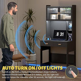 LVSOMT Home Office Desk with Hutch and Drawers, Modern Computer Gaming Desk with LED Lights & Power Outlets, Black Study Table with Storage Shelves, Teen Writing Desk for Bedroom, 31.5'' W LVSOMT