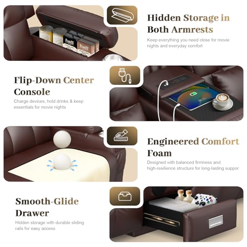 Aotolo Power Reclining Loveseat Sofa with Console, Wall Hugger RV Recliner Couch, Home Theater Seating with Heating & Massage, Bluetooth Speaker, LED Light, USB & Type-C Ports, Storage Armrests