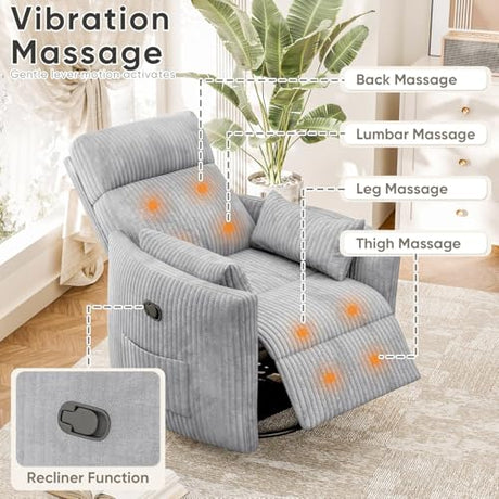 Flamaker Swivel Recliner Chair, Massage Nursery Rocking Chair with 2 Pillows, Comfy Single Sofa Glider Rocking Chair with Side Pockets for Living Room (Corduroy, Dark Grey) Flamaker