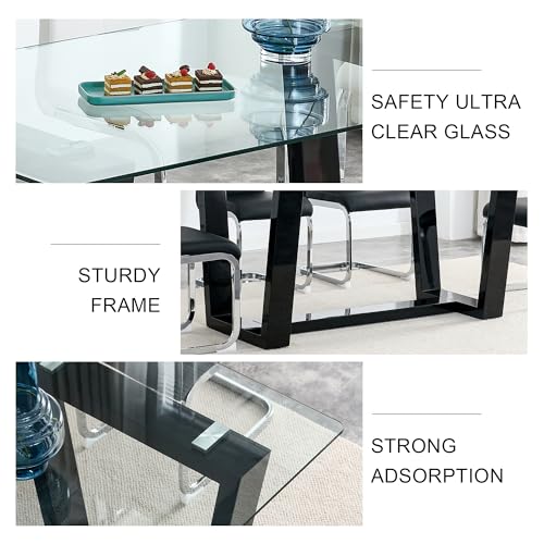 Ebullient Glass Dining Table Set for 6, Modern Dining Table Set for 6, Tempered Glass Tabletop with Black MDF Trapezoid Legs, Rectangle Kitchen Table with 6 Faux Leather Chairs for Home, Apartment Ebullient