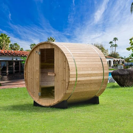 WOODBRIDGE 2-Person Luxury Finland Thermo Pine Outdoor Barrel Sauna with Half View Window,Harvia Electric Heater with Sauna Stone, Sauna Accessories Kit and Asphalt Shingle Roof, 4'x6', OBS1812 WOODBRIDGE