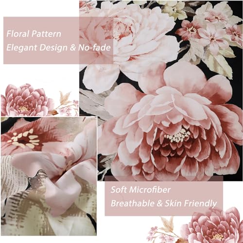 Floral Comforter Set King Size 7 Pieces Black Pink Floral Bed in a Bag, Complete Bedding Sets Elegant Flower Bed Set Comforter for All Season with Flat Sheet, Fitted Sheet, Pillowcases & Shams Dintszyayue