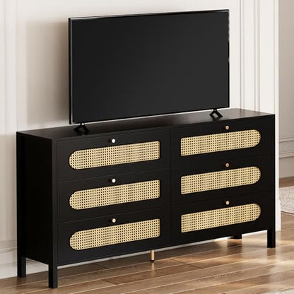 DWVO Natural Rattan 6 Drawer Dresser-Wooden Black Boho Double Dresser Chest of Drawers with Golden Handles-Modern Large Closet Dressers Storage Cabinet for Living Room/Hallway/Entryway