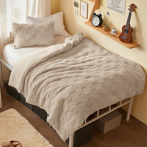 Joiedomi Tufted Twin Comforter Set, 2 Pieces Brown Boho Twin Bedding Set with 1 Plaid Geometric Comforter and 1 Pillow Sham, Checkered Bed in a Bag for All Seasons Joiedomi