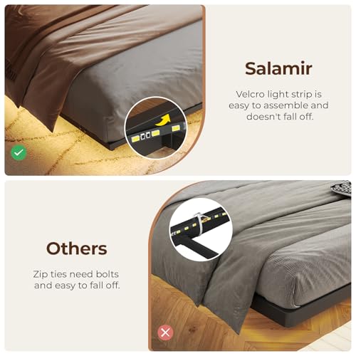 Salamir King Floating Bed Frame with LED & Charging Station, Ergonomic Upholstered Headboard with Folding Shelves Storage, Metal Slats Support, No Box Spring Needed, Easy Assembly, Noise-Free, Grey Salamir