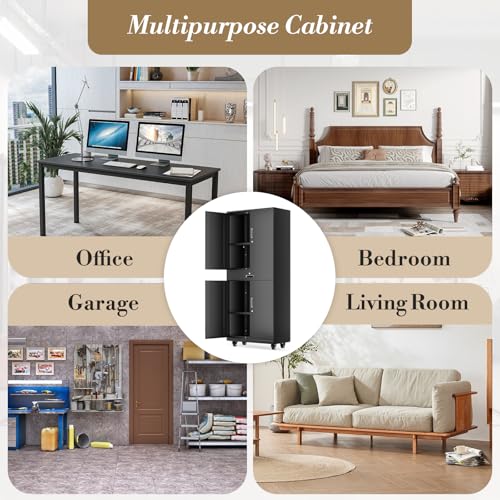 Athena Collection 4 Tier Storage Cabinet with Wheels, Large Capacity 73" Garage Metal Storage Cabinet with Drawer and Adjustable Shelves, Lockable Utility Tall Cabinet for Home Office, Black Athena Collection