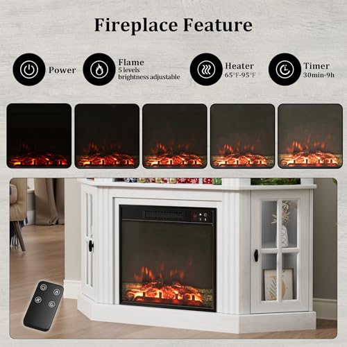 Flamaker Fireplace Corner TV Stand for TVs up to 55 Inch, Entertainment Center with 18" Fireplace, TV Console Table with Glass Door Storage Cabinet and Open Shelf (White) Flamaker