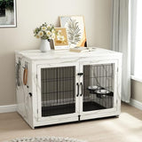 Piskyet Wooden Dog Crate Furniture with 360°Rotatable Removable Dog Bowls, Dog Crate End Table with Tray, Double Doors Dog Kennels for Dogs(XL:43.2" L*28.6" W*30.3" H, Marble White) Piskyet