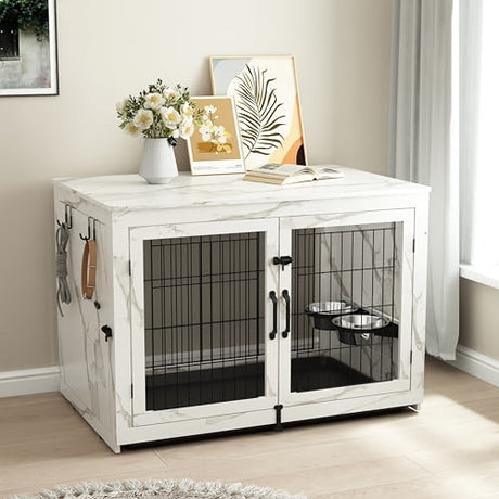 Piskyet Wooden Dog Crate Furniture with 360°Rotatable Removable Dog Bowls, Dog Crate End Table with Tray, Double Doors Dog Kennels for Dogs(XL:43.2" L*28.6" W*30.3" H, Marble White) Piskyet