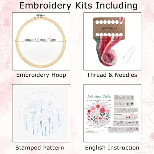 Nuberlic Embroidery Kit for Beginners -Floral Easy Embroidery Kits for Adults Starter Cross Stitch Kit DIY Needlepoint with Step-by-Step Instruction