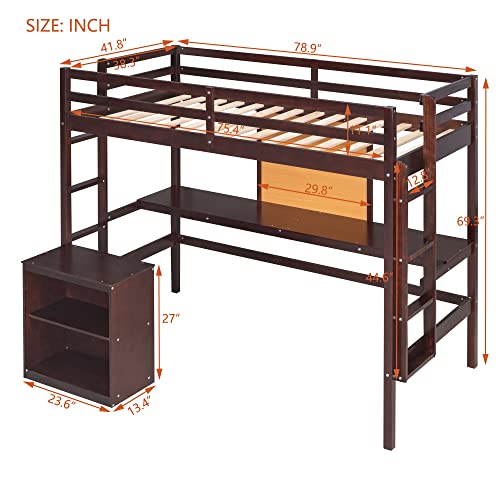 DEYOBED Espresso Wooden Twin Size Loft Bed with Desk, Writing Board, and Drawers