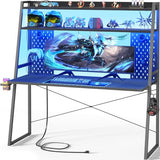 Besiost Gaming Desk with Hutch and LED Lights, Gaming Computer Desk with Power Outlets, Gamer Desk with Storage Shelves, PC Game Desks with Pegboards, for Bedroom, Carbon Fiber Black, 49" Besiost