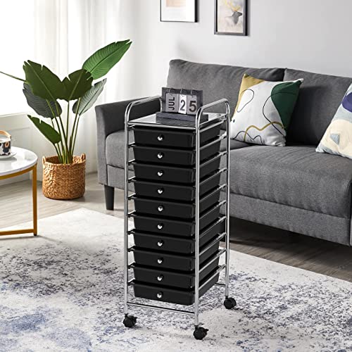 Yaheetech Rolling Cart Organizer Plastic Trolley with 10 Storage Drawers Utility Cart on Wheels Art Craft Organizer Ample Storage Space, Black - WoodArtSupply