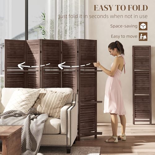 HOMCOM Room Divider, 5 Panel 67" Tall Wood Privacy Screen with 3 Display Shelves, and Folding Storage for Bedroom or Home Office, Walnut HOMCOM