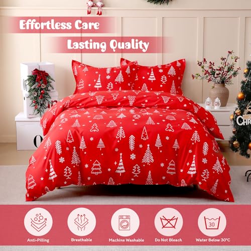 JSD Red Christmas Tree Kids Duvet Cover Set Twin Size, 2 Piece Xmas Comforter Cover with Pillow Sham Zipper Closure, Comforter Not Included JSD