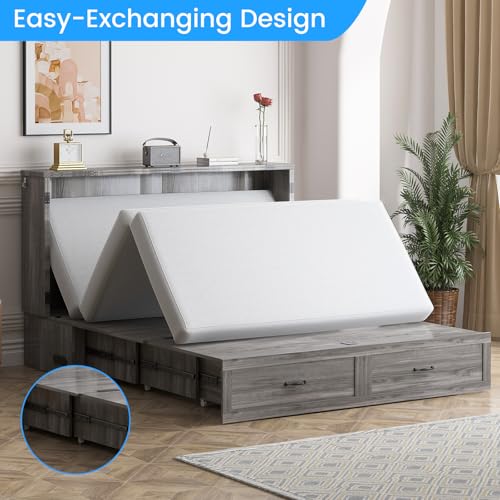 PUREMIND Murphy Bed Queen with Mattress Included, Bedroom Cabinet Beds with USB Charging Station, Murphy Chest Bed with Storage Drawers, Horizontal Wallbed for Guest Room Grey PUREMIND