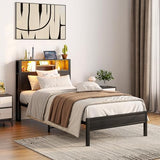 WDYLWFHW Twin Size LED Bed Frame with Storage Bookcase Headboard,Single Metal Platform Bed with Charging Station,No Box Spring Needed, Easy Assembly (Black, Twin) WDYLWFHW