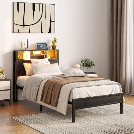WDYLWFHW Twin Size LED Bed Frame with Storage Bookcase Headboard,Single Metal Platform Bed with Charging Station,No Box Spring Needed, Easy Assembly (Black, Twin) WDYLWFHW