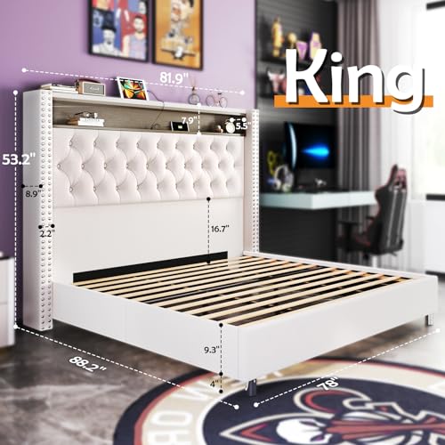 PLAUIN Velvet King Size Bed Frame with LED Lights and Charging Station - Cream Upholstered Platform Bed - WoodArtSupply