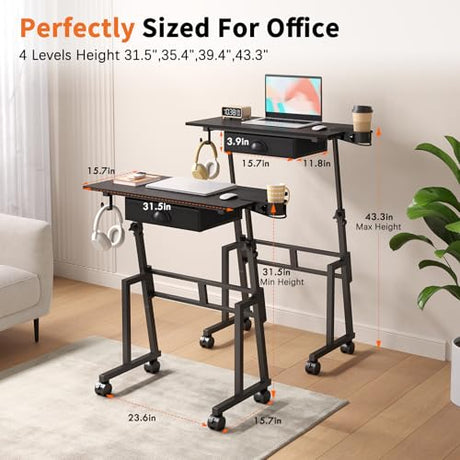 Adjustable Height Standing Desk with Drawer, Rolling Sit to Stand Up Desk with Wheels Height 31.5"-43.3" Small Mobile Laptop Standing Desk for Treadmill Walking Pad, Movable Classroom Podium (Black) Honkazita