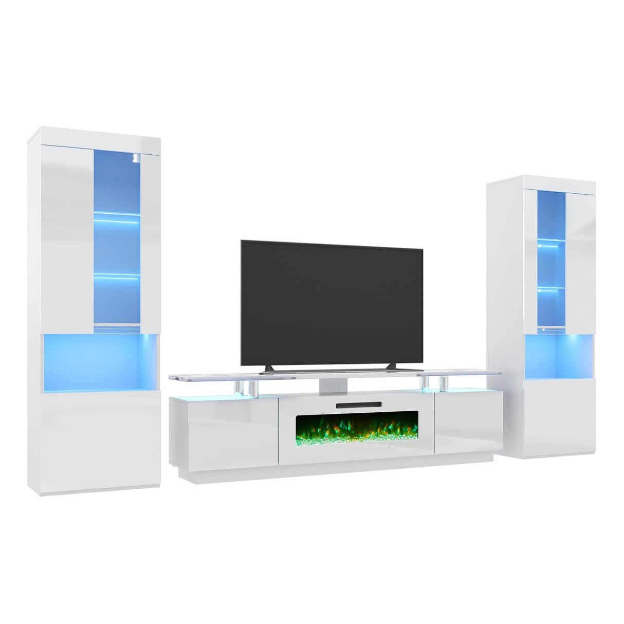 AMERLIFE Entertainment Center with Fireplace and Bookcases, Includes 80" 2-Tier Fireplace TV Stand with 40" Fireplace, 2 x High Gloss Bookshelves with LED Lights & Glass Doors, White AMERLIFE