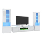 AMERLIFE Entertainment Center with Fireplace and Bookcases, Includes 80" 2-Tier Fireplace TV Stand with 40" Fireplace, 2 x High Gloss Bookshelves with LED Lights & Glass Doors, White AMERLIFE