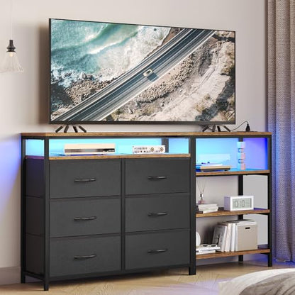 BTHFST TV Stand Dresser Bedroom for 60 Inch TV with LED Lights & Charging Station, Changable L Shape Corner TV Stand, 6 PU Drawers, 3 Open Shelves Entertainment Center (Rustic Brown and Black)