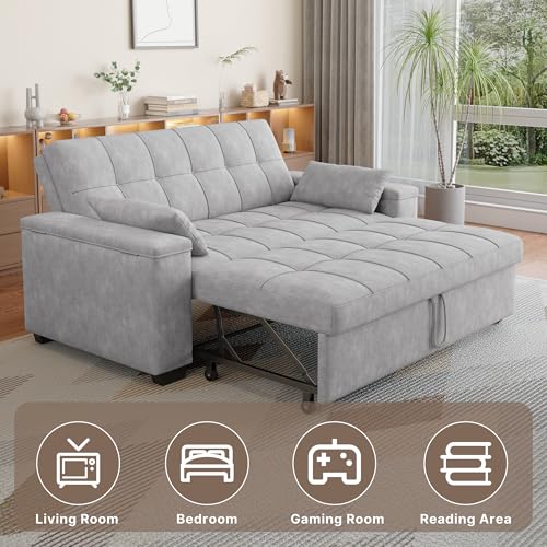 Gizoon Convertible Sofa Bed Futon, 70.9'' Sleeper Loveseat with Pull Out Couch, 3 in 1 Plush Fleece Fabric Futon Couch with Side Pockets, Storage Armrest & Adjustable Backrest for Living Room, Grey Gizoon