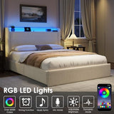 Full LED Bed Frame with 4 Storage Drawers and Storage Headboard, Soft Boucle Upholstered Platform Bed Frame with Charging Station and USB Ports, Solid Wood Slats Support, No Box Spring Needed, Cream Garvee