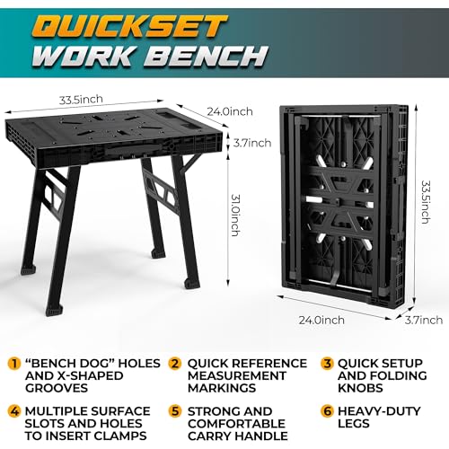 Express Folding Workbench, 2-in-1 Easy Setup Portable Folding Work Table & Sawhorse, 34" W x 25" D x 32" H Lightweight Versatile Worktable with Heavy-Duty 1000 Lbs Load Capacity (Workbench Bl - WoodArtSupply