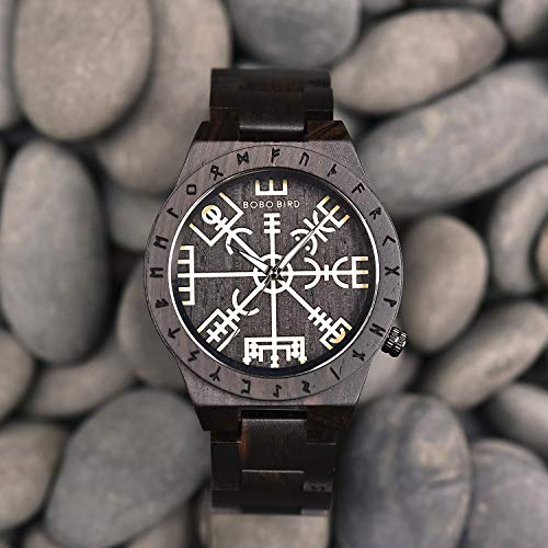 BOBO BIRD Handmade Wooden Mens Watch Unique Runic Circle Watches Golden Symbol of Vegvisir Watches Lightweight Fashion Quartz Wristwatch (Brown Black) BOBO BIRD