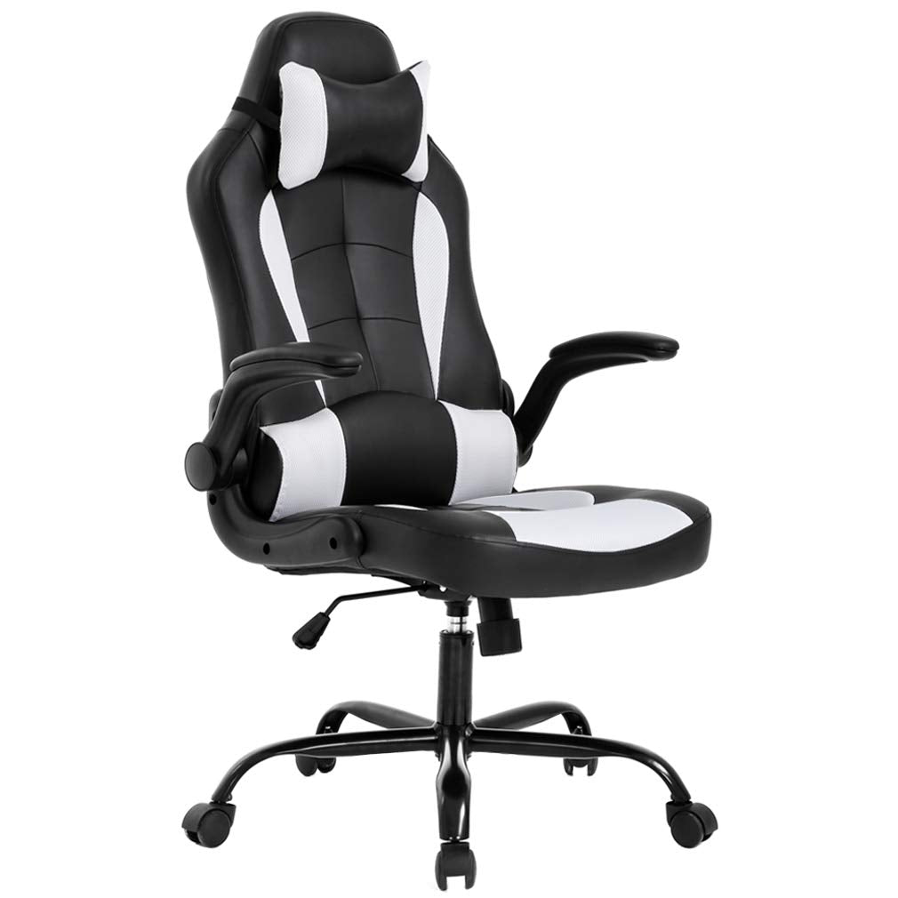 BestOffice PC Gaming Chair Ergonomic Office Chair Desk Chair with Lumbar Support Flip Up Arms Headrest PU Leather Executive High Back Computer Chair for Adults Women Men (White)