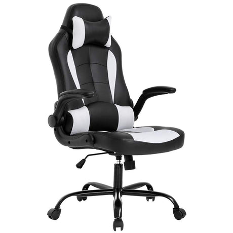 BestOffice PC Gaming Chair Ergonomic Office Chair Desk Chair with Lumbar Support Flip Up Arms Headrest PU Leather Executive High Back Computer Chair for Adults Women Men (White) BestOffice