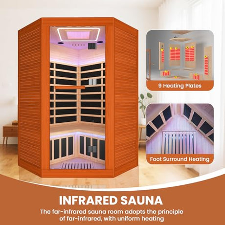 OUTEXER 2-3 Person Sauna Corner Sauna Far Infrared Saunas Room Home Canadian Hemlock Indoor 2100W Low-EMF Dry Saunas with Red Light Therapy Beauty Lamp 47.2 * 47.2 * 74.8inch OUTEXER