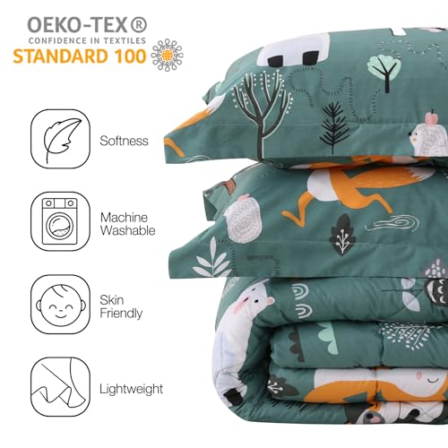 JSD Green Forest Animals Kids Comforter Set Twin Size, 2 Piece Woodland Printed Microfiber Bedding Set, Machine Washable JSD